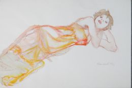 Dina Larot- 1942, watercolour and red chalk on paper, reclining female in orange silk dress,