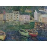 A gilt framed oil on board of boats in a harbour. Signed JA Park. H.53 W.64cm