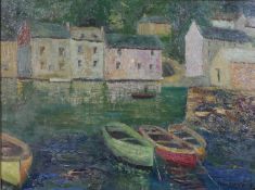 A gilt framed oil on board of boats in a harbour. Signed JA Park. H.53 W.64cm