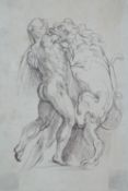 A framed and glazed 19th century pen study of a gladiator fighting with a lion. Unsigned. H.34 W.
