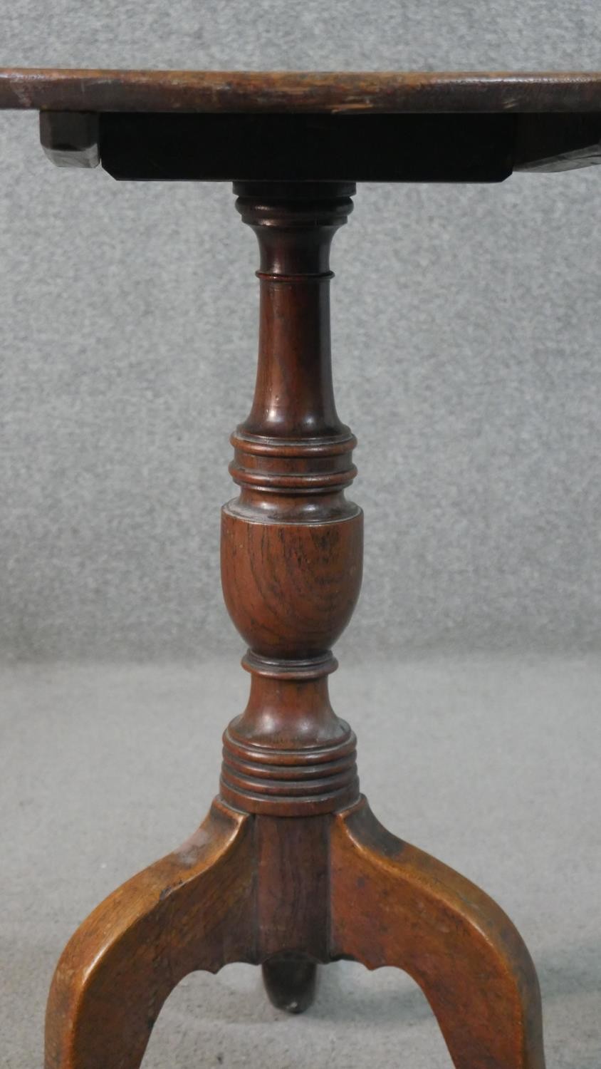 A 19th century country oak tilt top occasional table on tripod cabriole supports. H.72 Diam.71cm - Image 6 of 7