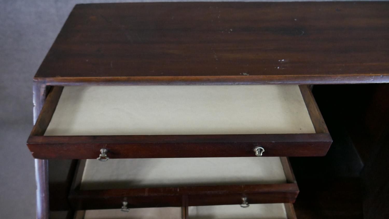 A George III mahogany bureau, the fall front opening to reveal a central cupboard door, drawers - Image 7 of 14