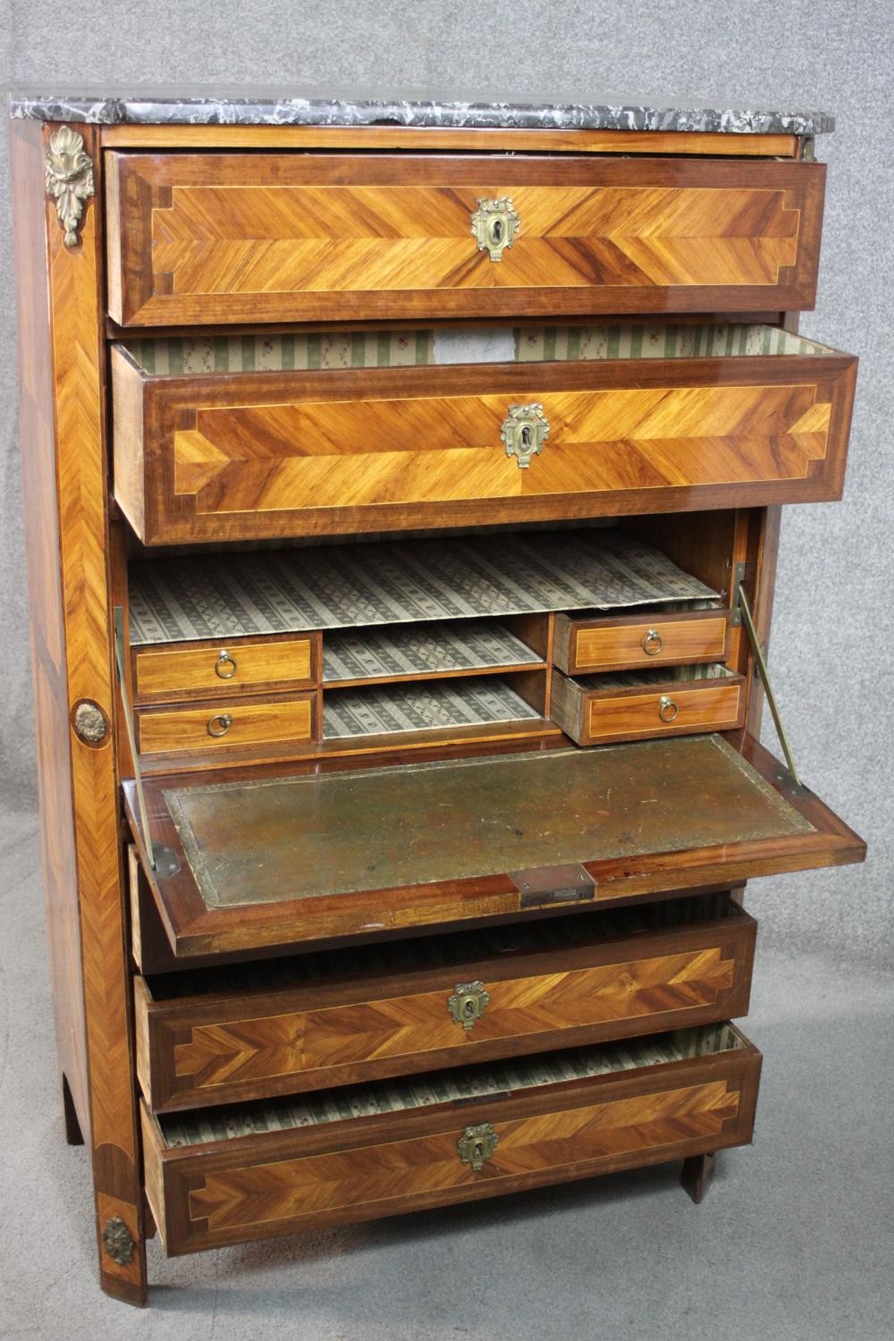 A French marble topped crossbanded and herringbone inlaid kingwood tall boy chest of seven long - Image 13 of 13