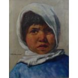 A giltwood framed oil on canvas, portrait of a child in a headscarf. Signed T. Biancisma. H.43 W.