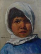 A giltwood framed oil on canvas, portrait of a child in a headscarf. Signed T. Biancisma. H.43 W.