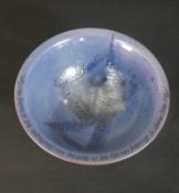 A terracotta blue glaze art pottery bowl, around the rim a hand written quote by Marcel Proust.