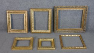 Six giltwood and gesso pictures frames, some with foliate and scrolling motifs. H.56 W.45cm (