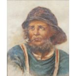 A gold painted framed oil on canvas portrait of a fisherman. H.40 W.35cm.