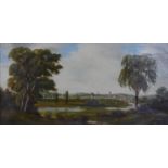 A gilt framed 19th century oil on canvas, Continental landscape, signed J Knights. Label verso. H.44