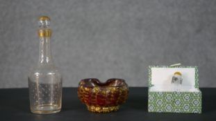 A collection of glass, including a boxed Chinese reverse painted glass scent bottle with crane