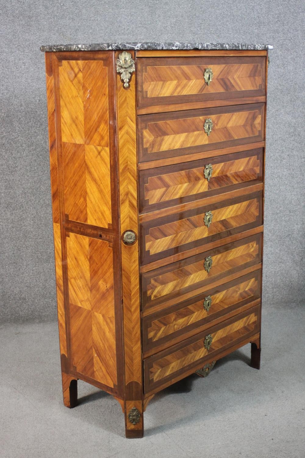A French marble topped crossbanded and herringbone inlaid kingwood tall boy chest of seven long - Image 9 of 13