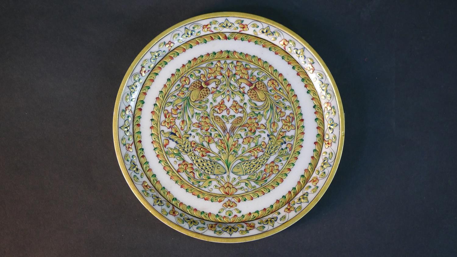 A boxed Indian hand painted and gilded white marble dish, decorated with birds, fish and flowers. - Image 7 of 7