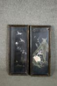 A pair of Chinese black lacquered panels, with applied mother of pearl decoration depicting birds