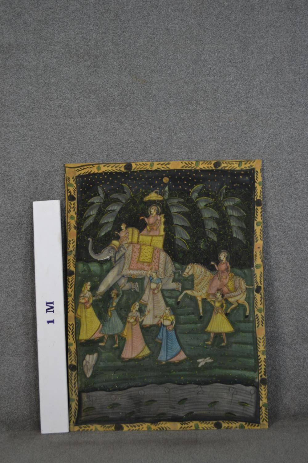 An early 20th century Indian gouache on fabric depicting a deity on elephant with followers. H.116 - Image 3 of 8