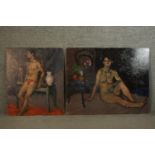 Two unframed oil on boards of nudes, one male and one female, unsigned. H.61 W.76cm (largest)