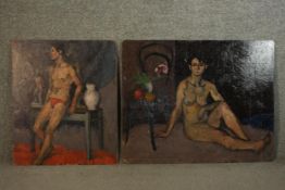 Two unframed oil on boards of nudes, one male and one female, unsigned. H.61 W.76cm (largest)