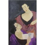 An unframed oil on canvas of two Japanese figures, signed verso Sally Coleman and dated 1989. H.