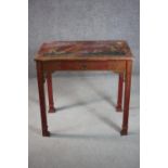 A circa 1920s Chinoiserie red painted coffee table, of rectangular form, the top decorated with
