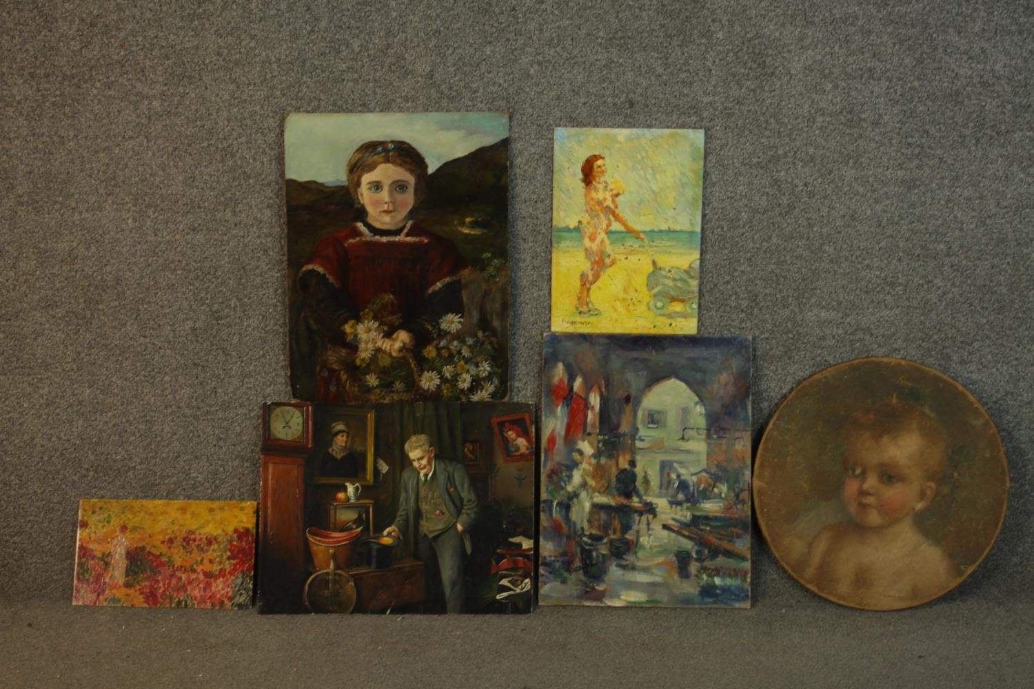 Five unframed oil on boards of various subjects, including lady on a beach, signed Piaskowski