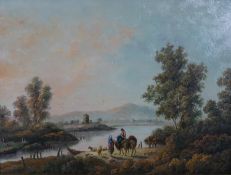 A moulded gilt framed 19th century oil on board of a river landscape with figures and horses.