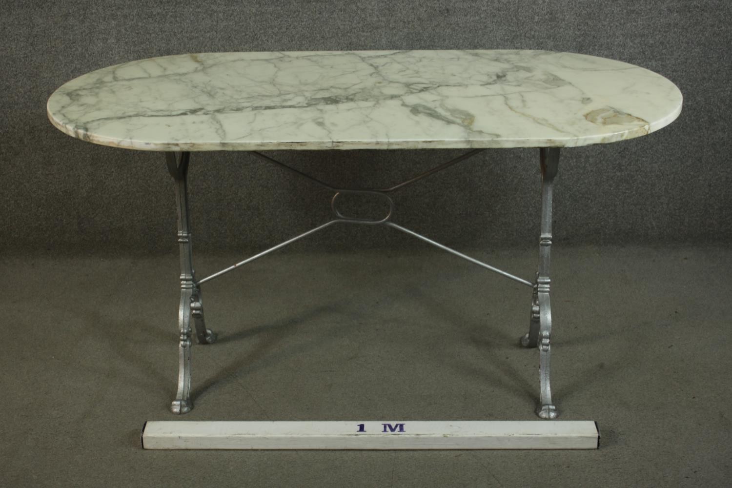 An Italian marble topped cast iron table, the top with rounded ends, on cast end supports, joined by - Image 2 of 8