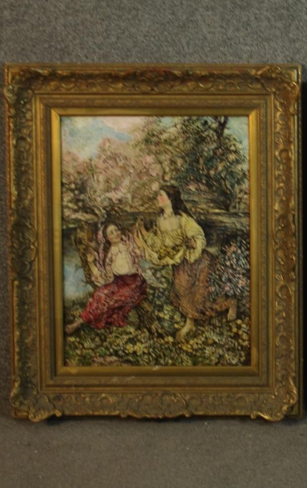 After Edward Atkinson Hornel (1864 - 1933), oil on board, two women gathering flowers. Label verso. - Image 2 of 4