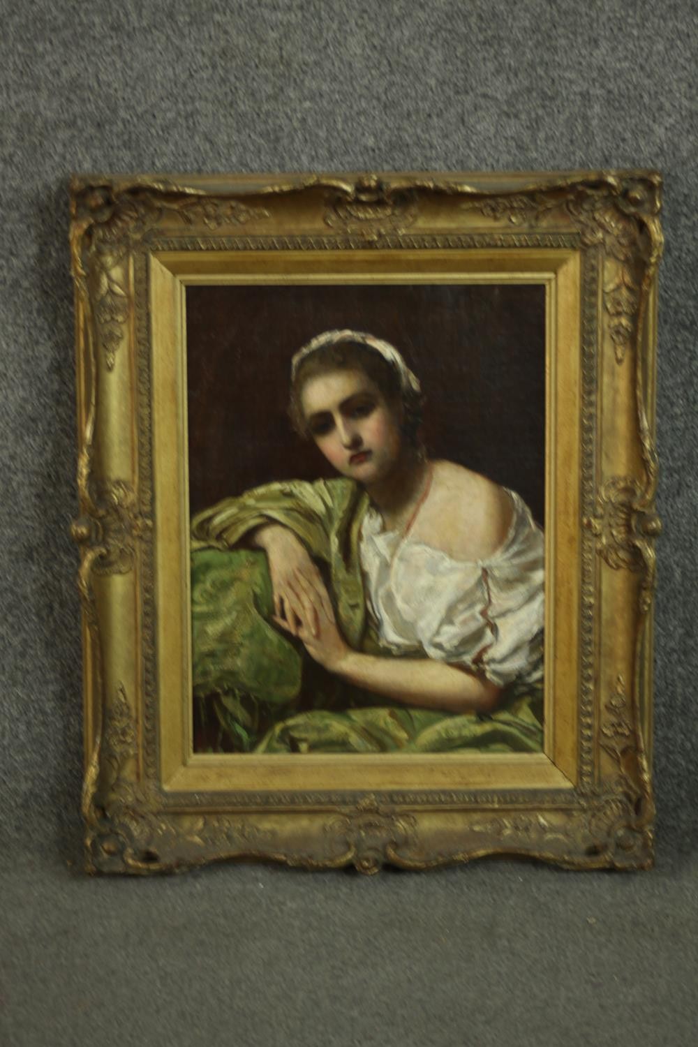 A carved gilt framed oil on board of a woman in a green shawl and white lace dress, unsigned. H.54 - Image 2 of 7