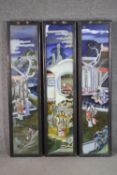 Three framed reverse painted on glass Chinese panels with a temple scene with figures. H.133 W.32cm.