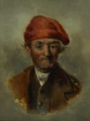 A gilt framed oil on board of an old man in a red hat, unsigned. H.30 W.27cm.