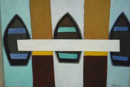 Jack Pender (1918-1998), oil on board, abstract study, rowing boats, signed lower right, inscribed