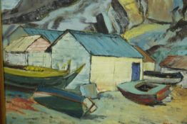 Peter Moller, Fishing Huts, oil on board, signed lower right. H.40 W.50cm.