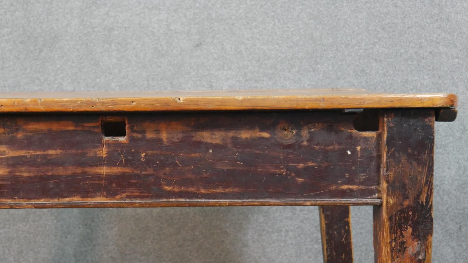 A C.1900 planked top kitchen table on distressed square section tapering supports. H.74 W.119 D.82cm - Image 3 of 8
