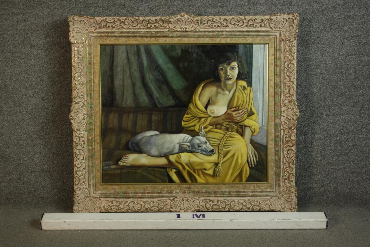 A carved framed oil on canvas of a nude woman and British bulldog on a couch. H.72 W.82cm. - Image 3 of 5