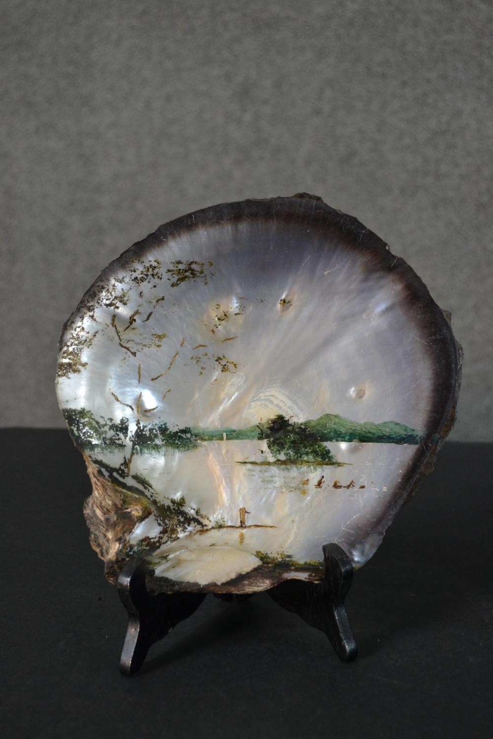 Two 19th century painted oyster shells on wooden stands, each depicting a Japanese mountain lake - Image 2 of 12