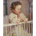 A carved framed oil on canvas of a child praying in her cot. Unsigned. H.47 W.43cm.