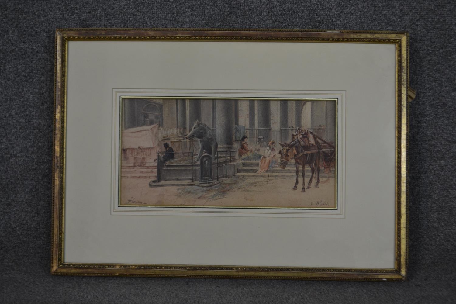 A framed and glazed 19th century watercolour of a market scene with horses, signed N. Walsh. Label - Image 2 of 10