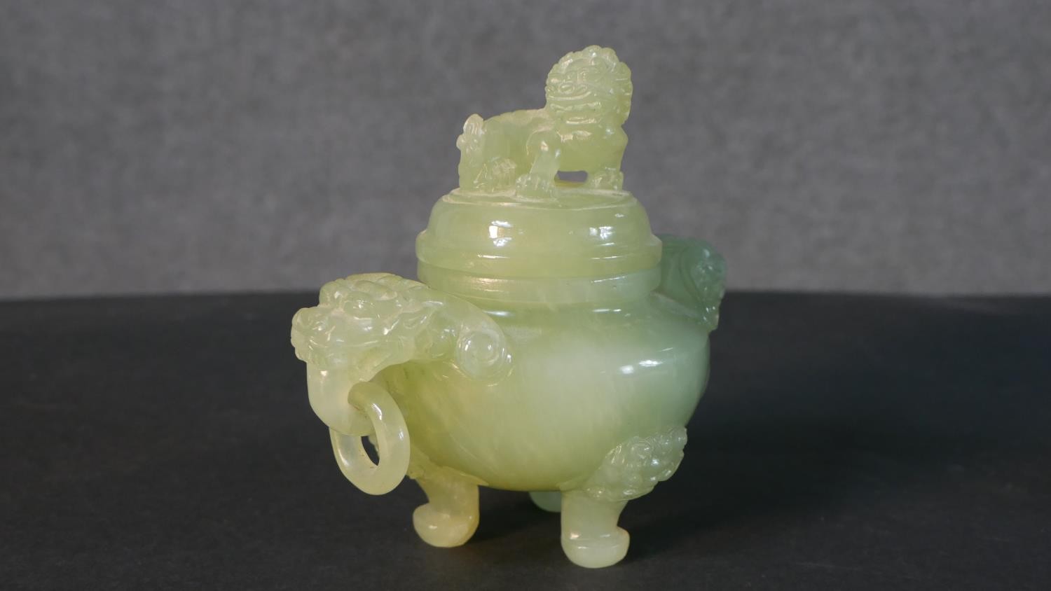 An early 20th century carved jade lidded censer with foo dog finial and handles along with a - Image 7 of 12