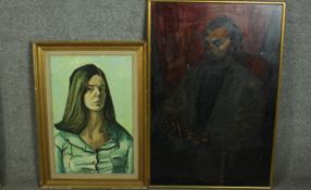 Two framed oil on board portraits, one of a young female, indistinctly signed. H.94 W.63cm. (