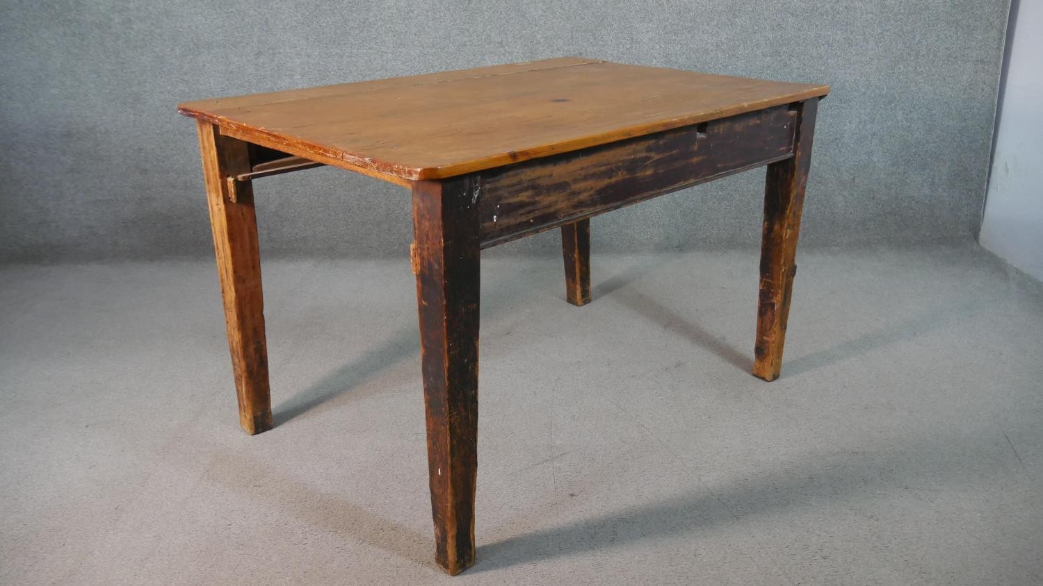 A C.1900 planked top kitchen table on distressed square section tapering supports. H.74 W.119 D.82cm - Image 7 of 8