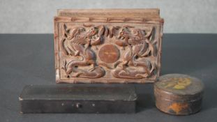 A carved hardwood Chinese dragon design card box along with a Georgian tortoiseshell lined hand