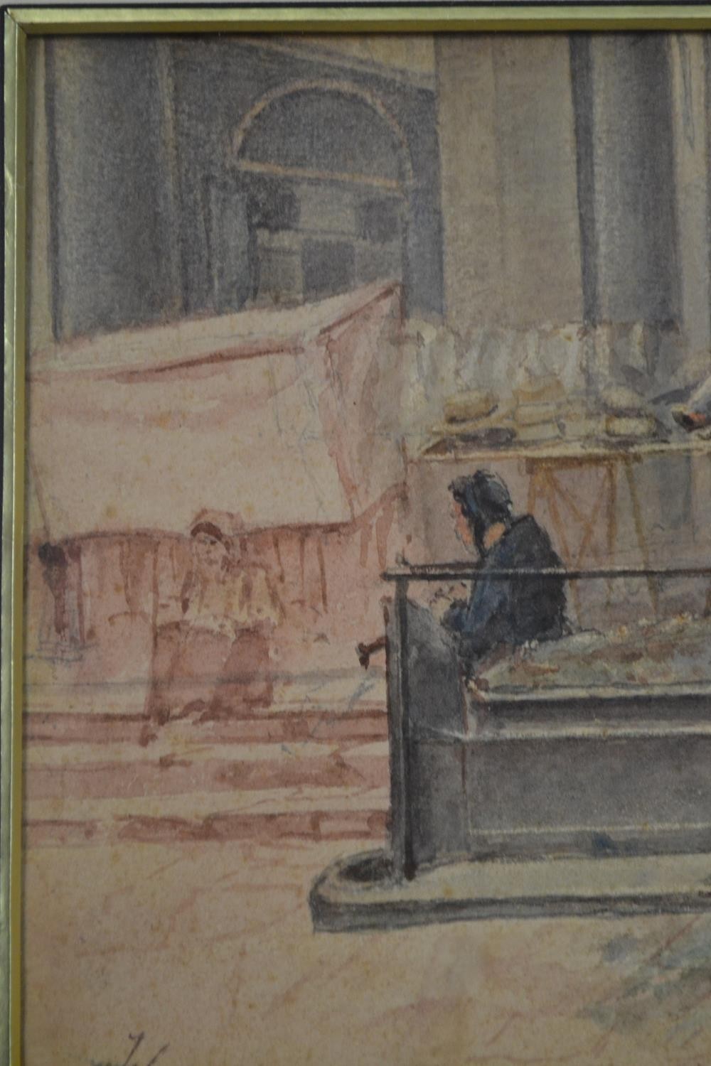 A framed and glazed 19th century watercolour of a market scene with horses, signed N. Walsh. Label - Image 6 of 10