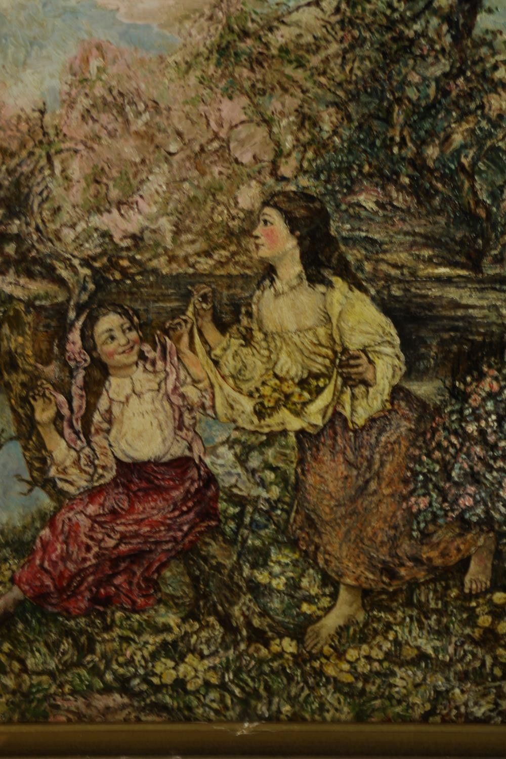 After Edward Atkinson Hornel (1864 - 1933), oil on board, two women gathering flowers. Label verso.