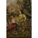 After Edward Atkinson Hornel (1864 - 1933), oil on board, two women gathering flowers. Label verso.