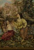 After Edward Atkinson Hornel (1864 - 1933), oil on board, two women gathering flowers. Label verso.