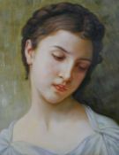 A gilt framed oil on canvas portrait of a young woman with plaited hair. H.69 W.57cm.