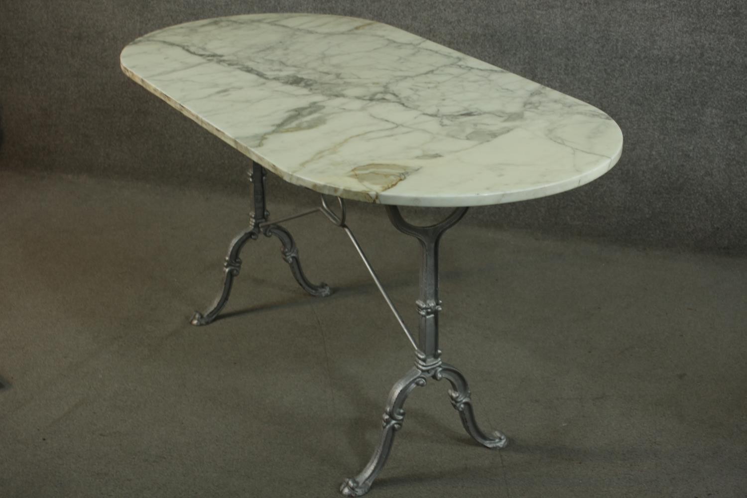 An Italian marble topped cast iron table, the top with rounded ends, on cast end supports, joined by - Image 4 of 8
