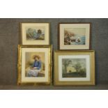 A framed and glazed pastel of a farm girl, monogramed RWA, along with two prints of landscapes and