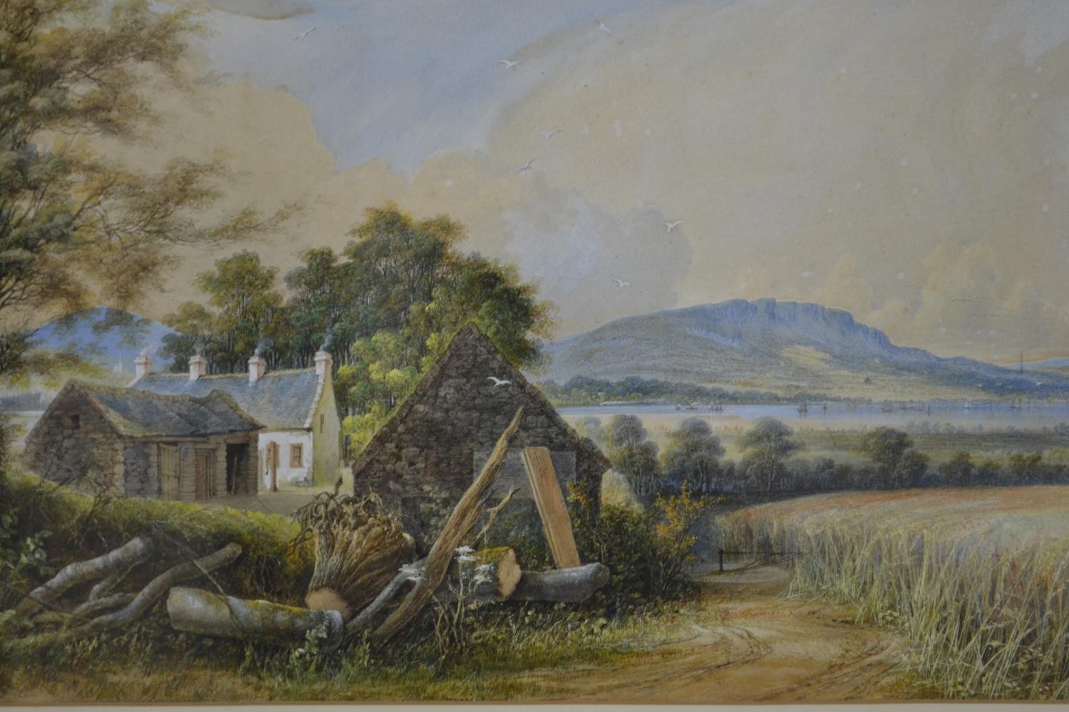 A gilt framed and glazed 19th century watercolour, farm cottages with fields and hills in the - Image 4 of 11