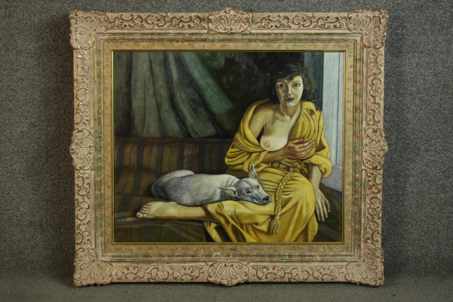 A carved framed oil on canvas of a nude woman and British bulldog on a couch. H.72 W.82cm. - Image 2 of 5