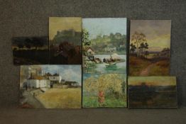 A collection of seven unframed oil on boards, various subjects including landscapes, and a girl